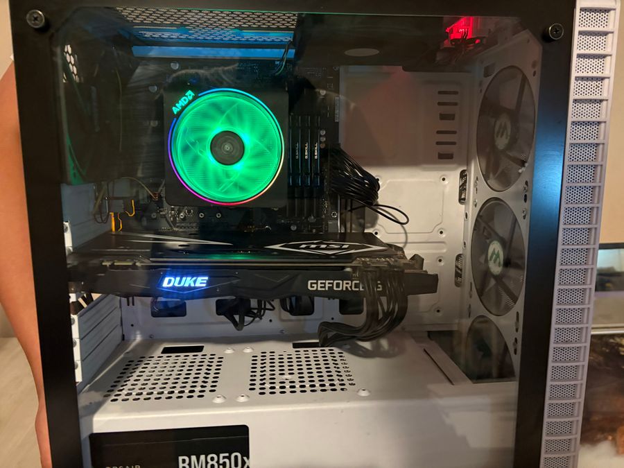 Inside a desktop PC with an AMD cooler, G.Skill memory, and an MSI GeForce graphics card